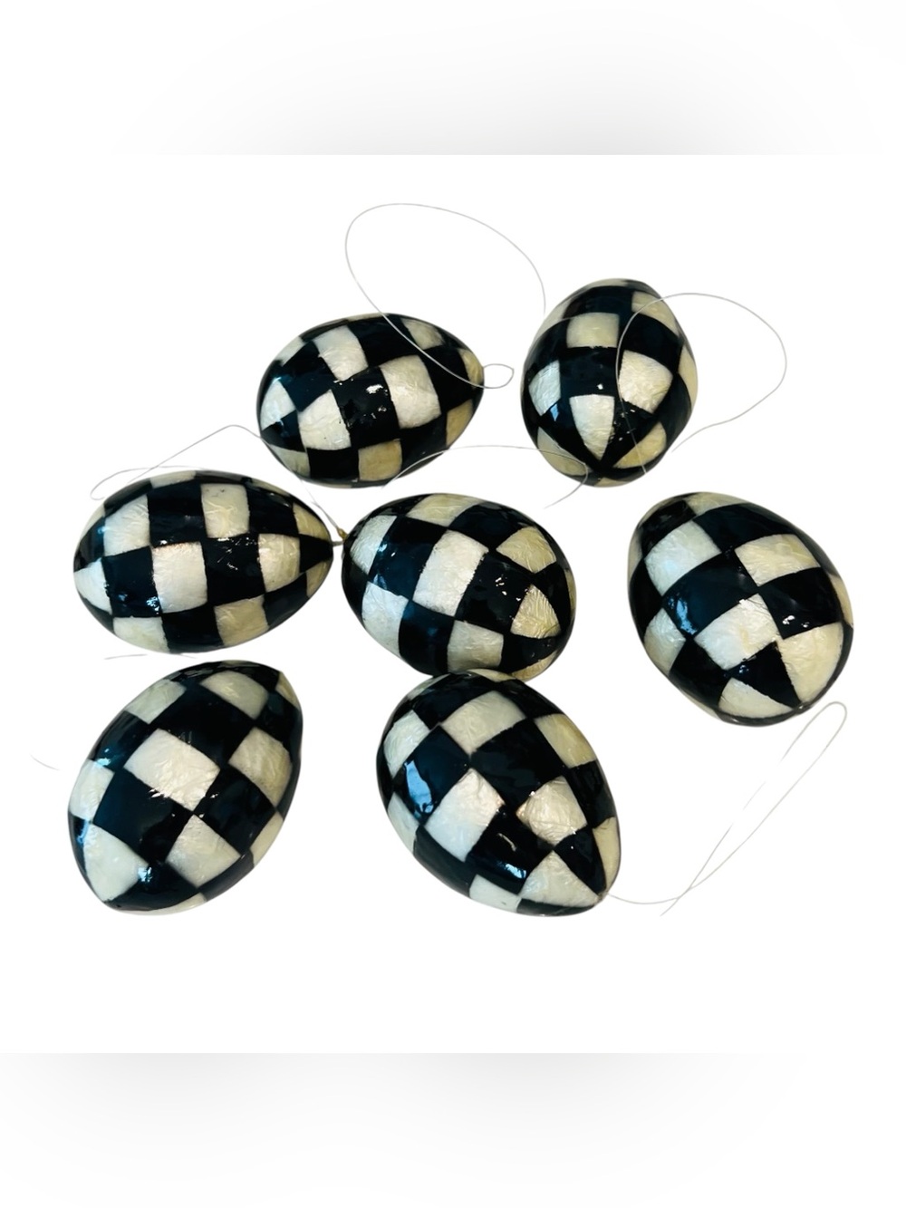 MacKenzie-Childs Courtly Capiz Eggs Set of 7 Black White Check Hanging Ornaments